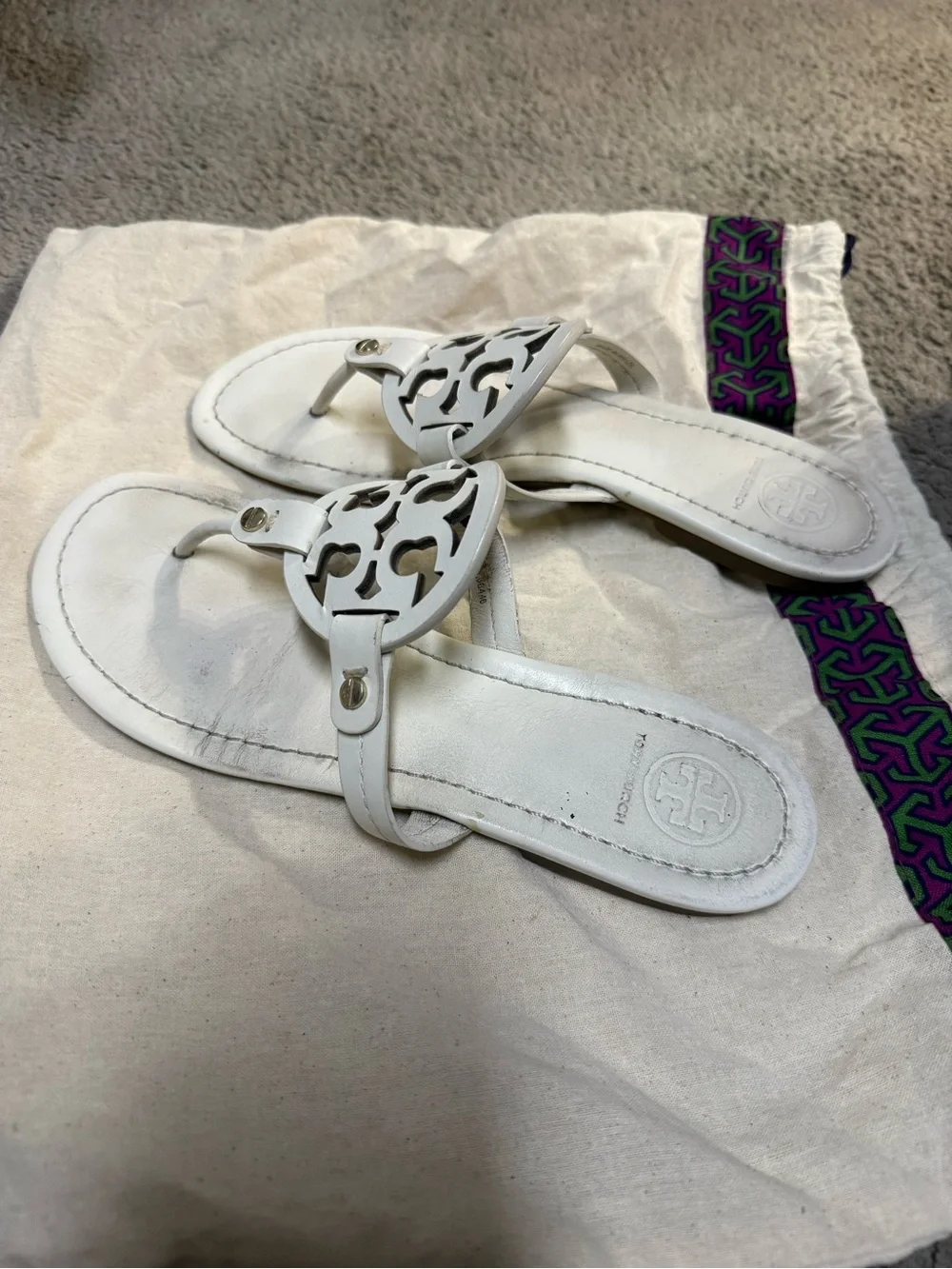 Tory Burch White Leather Cutout Logo Thong Sandals